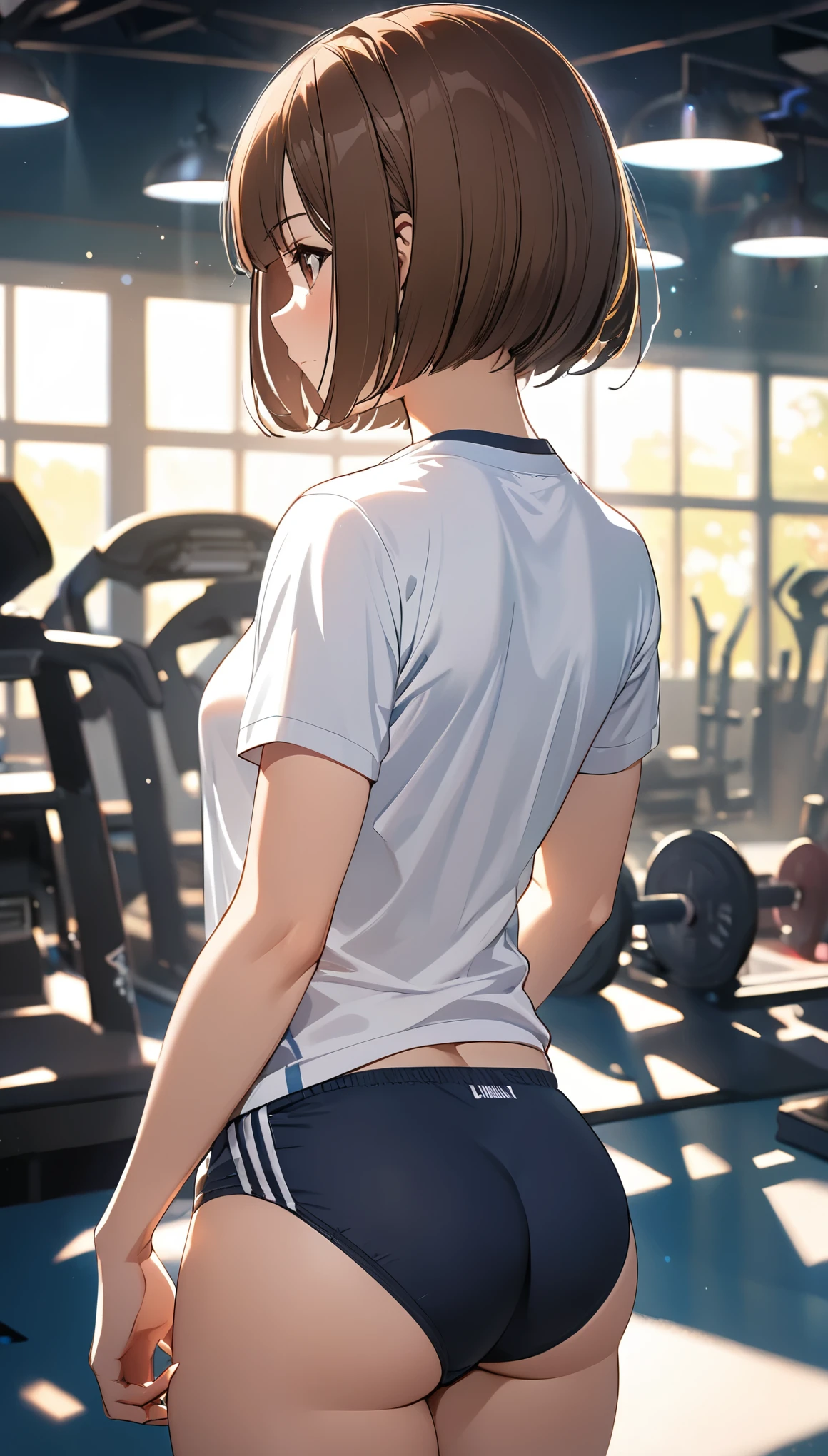  1 girl , (Brown Hair,  bob cut), Butt:1.2, Rear view, (School-Designated Sports, buruma, white round neck shirt , workout underwear), Training gym environment, anime:1.2,  intricate detail ,  cinematic lighting ,  bright colors, Soft bokeh background ,  Digital Art ,  concept art style , masterpiece:1.4.