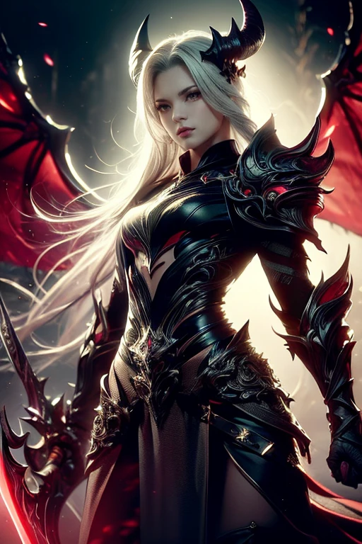 A dark fantasy warrior woman with a powerful presence, standing confidently with a large, intricately designed sword. She has pale skin covered in detailed black tattoos and wears dark armor with leather straps and metal details. Her expression is intense, with sharp eyes and slightly raised eyebrows. Her hair is silver-white and slicked back, with dark, curved horns protruding from her head. The background is mysterious, with dark, twisted structures and misty, otherworldly elements. The atmosphere is moody, with cool, desaturated tones and faint embers floating in the air.