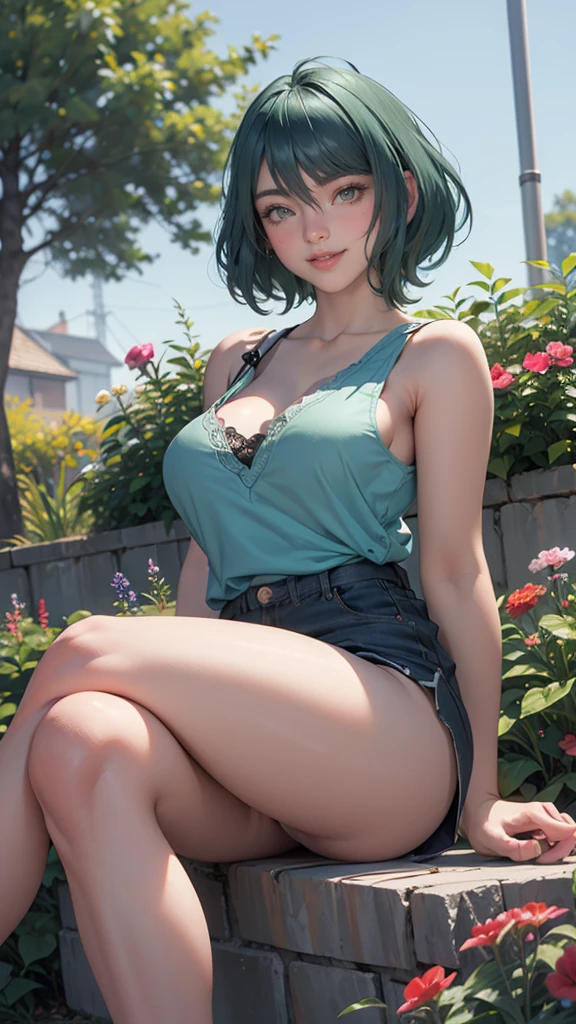 Best Quality,Big Curve, orgasm,,  green hair , wavy short hair , Loss of balance, Thighs, smile,  ,garden,    , Loss of balance, Thighs, attention to Thighs, smile,  , garden,   side angle,  tank top ,  miniskirt,  Light Blue Lace Panties,  sitting, the above, Big Breasts, Crossed legs