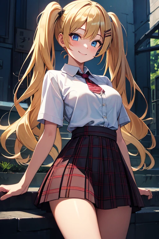 (masterpiece), (best quality), (ultra-detailed), (best illustration), (best shadow), (absurdres), (detailed background), (very aesthetic), meguru hachimiya, 1girl, blonde hair, skirt, solo, blue eyes, hair ornament, smile, plaid, breasts, twintails, plaid skirt, hairclip, looking at viewer, shirt, long hair