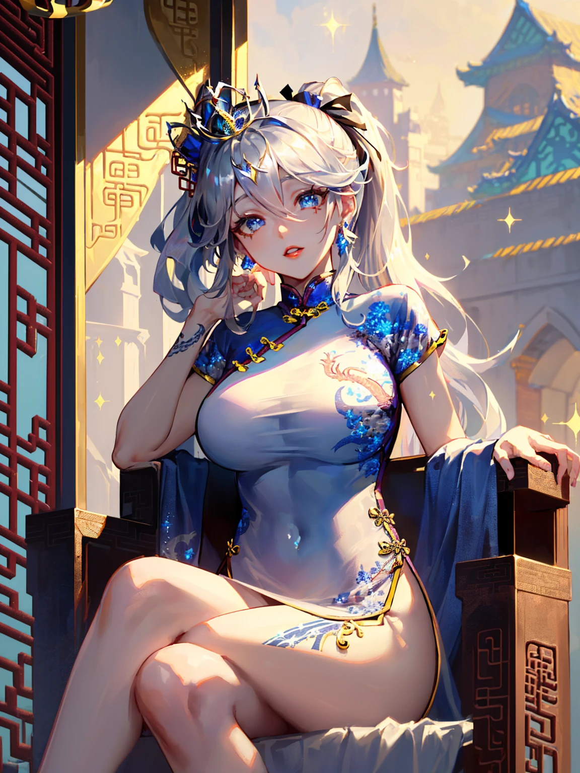 portrait, fantasy, vivid colors, dramatic lighting, intricate details, a detailed, beautiful woman, extremely detailed eyes and face, beautiful detailed lips, long eyelashes, beautiful detailed skin, (sitting on throne), intricate jewelry, elegant dress, (white chinese dress:1.5), (dragon tattoo:1.3), (dragon pattern:1.5), (sovereign:1.5), (crown:1.5), (tiara:1.5), award winning photo, high quality, 4k, absurdres, masterpiece, shiny, from the front, amazing, fine detail, highly detailed, solo, 1girl, beautiful detailed eyes, beautiful detailed lips, extremely detailed eyes and face, long eyelashes, (silver hair:1.5), (very long hair:1.5), (one big hair ribbon:1.5), (sparkles:1.5), (high ponytail hair:1.5), (hair between eyes), (hair over one eye:1), (floating hair:1.3), mesmerising pink eyes, large breasts, perfect breasts, red lips, sharp eyelashes, (perfect legs:1.2), bare arms, earrings, jewelry, babe, glossy skin, (sparkling fabric:1.5), (incrusted with jewels), posing inside a castle with an oriental architecture, (golden embroidery:1.2)