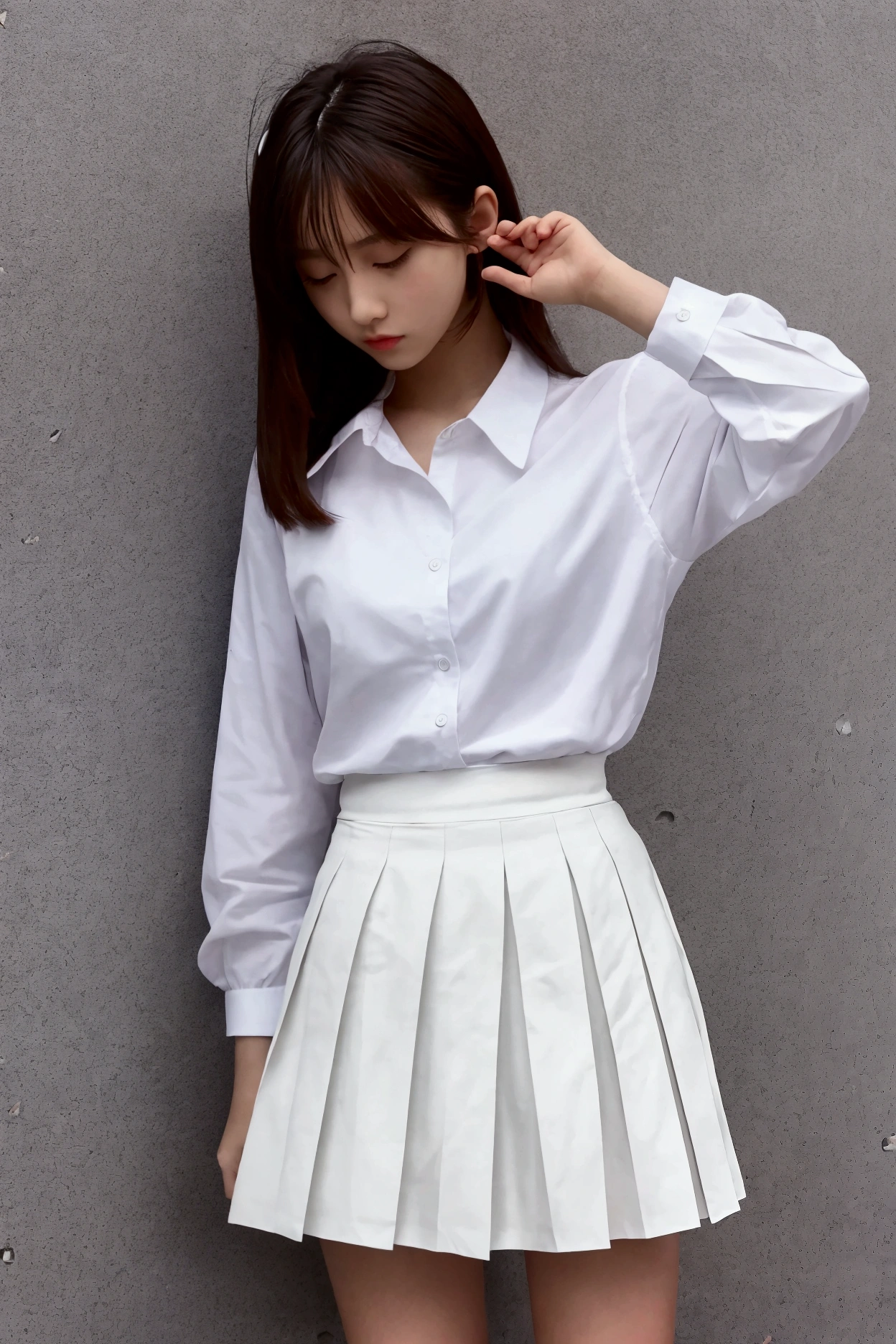 High school girl, white shirt, tiny pleated skirt