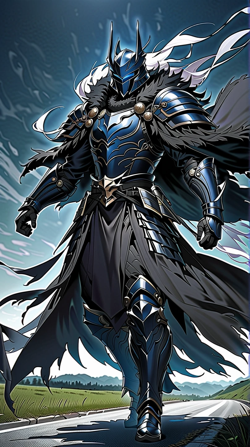 man,  Fairy Slayer ,Dark Knight , wears heavy armor(blue black),helmet,karate,fear,Fur collar , black fur cape (Floating ),,On the road,Strong wind, Full Body View , man,  Very detailed,  high detail 