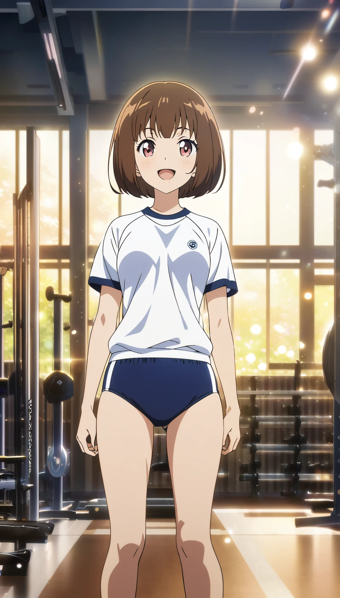  1 girl , (Brown Hair,  bob cut),  full body view, smile,  open your mouth, (School-Designated Sports, buruma, white round neck shirt , workout underwear), Training gym environment, anime:1.2,  intricate detail ,  cinematic lighting ,  bright colors, Soft bokeh background ,  Digital Art ,  concept art style , masterpiece:1.4.