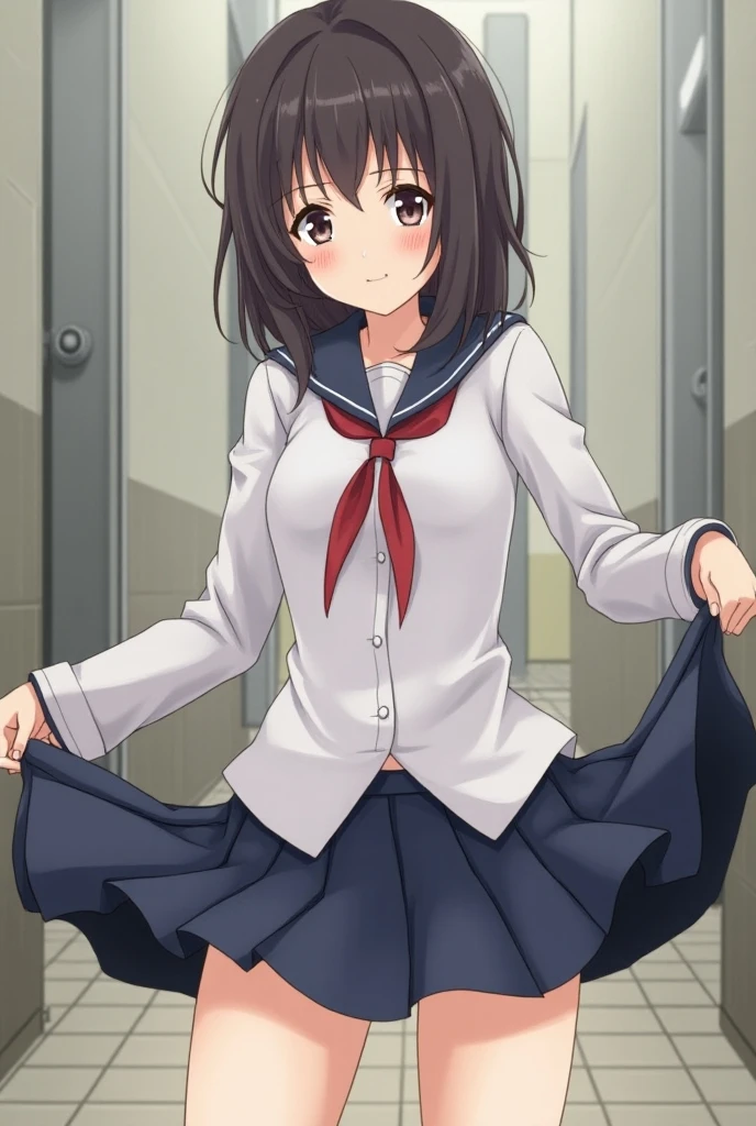 aatakagi, long hair, sailor collar, red neckerchief, sailor shirt, white shirt, long sleeves, miniskirt, blue skirt,socks,grin,(((lift skirt,black panties))),my room