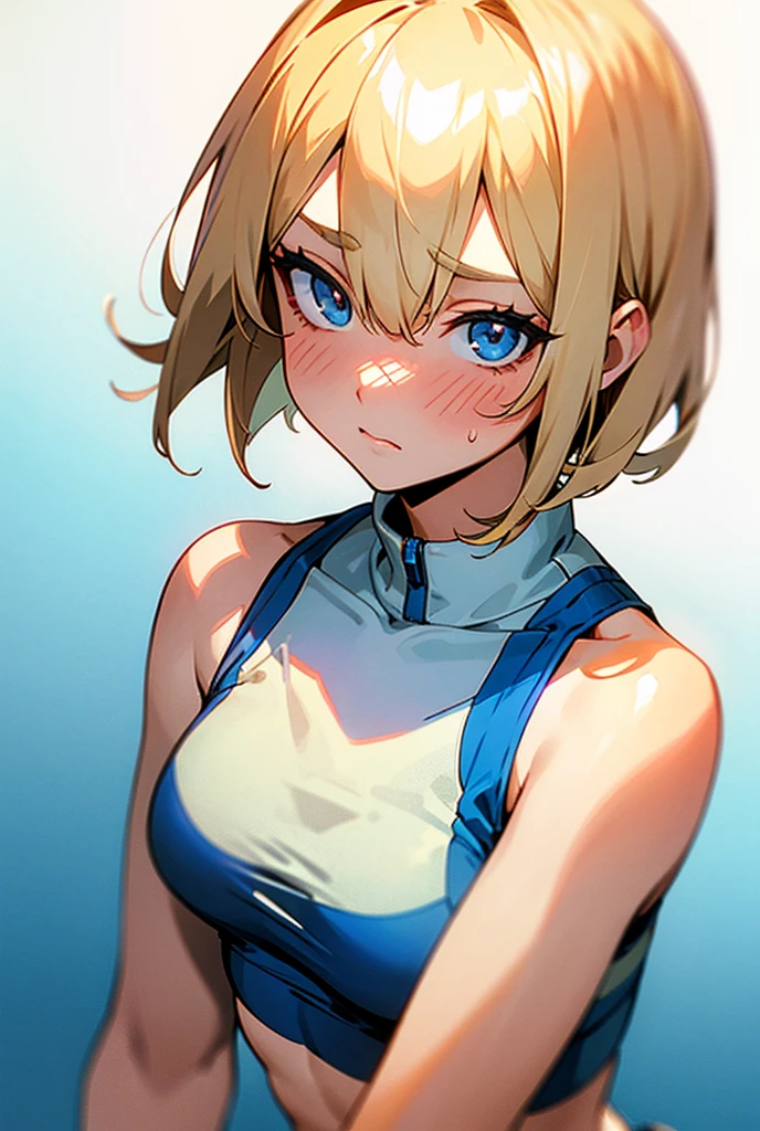 Cute girl, short blonde hair, pigtails, blue eyes, blue dress, blue tank top, wide black belt, short blue skirt, big breasts, smile 