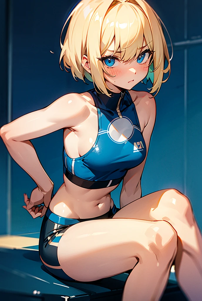 1girl, solo, facing viewer, looking at viewer, upper body, smile, toki asuma, halo, short hair, hair bun, maid headdress, bodysuit, elbow gloves, fingerless gloves, thigh strap, thigh boots