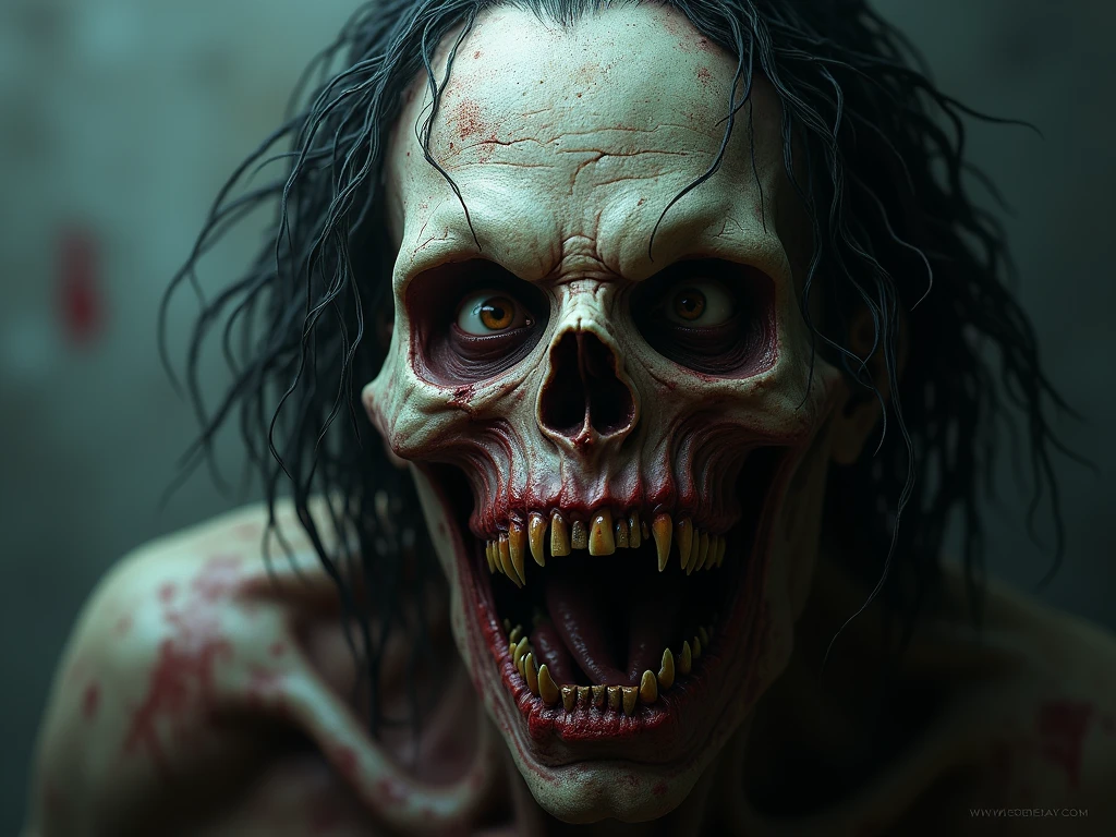El virus finalmente comienza, consumiendo las caras del hombre, Ojos de zombi, Ropa rasgada y ensangrentada, Mirando las escenas, El estrecho y aterrador corredor desde el fondo, volumetric illumination, vida real, Granangular, Muy detallado, bajo contraste, horror