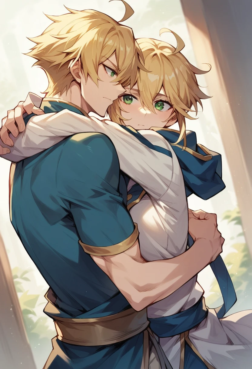 arthur_pendragon_fate, hug leone from behind in her stomach blonde hair, green eyes, short hair, ahoge, hair between eyes, bangs