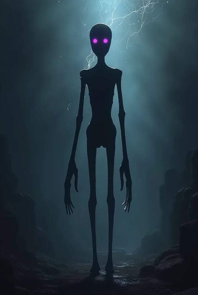 White-skinned entity without a face, ectomorfo, long limbs, homanoide, high, a black sand beach, lots of fog, front pose, remote camera, cloudy sky.