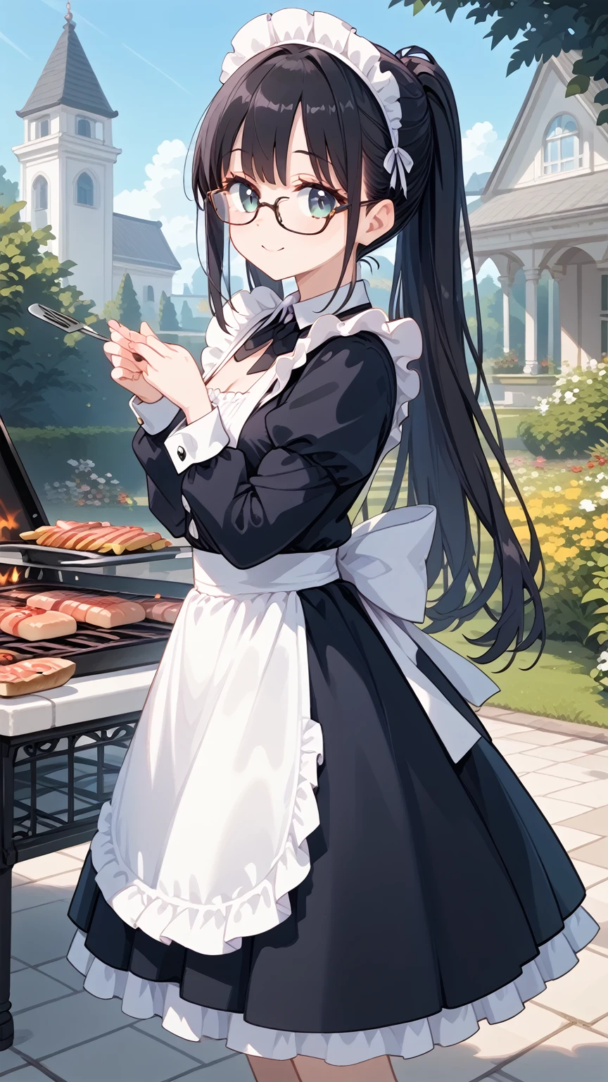  1 girl,Black Hair, long hair,Glasses,  maid clothes,Large garden, barbecue, high resolution on down  , 最高quality, Accurate, 高quality, quality,   very detailed,
