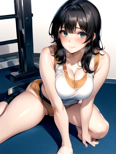 ((masterpiece)), ((Best Quality)), (Ultra-detailed), ((Cute)), cute, (Nice), ((sexy)), (device), ((Extremely detailed)), 4K, (8k), Best Quality, (beautiful),  sexy pose, full body focus, (nsfw), The girl is wearing a small size tank top that sticks to her body, White tank top, Munechira from the tank top, the cleavage can be seen from the tank top, a tank top that sticks to her body with sweat, a sweaty girl, Spats up to the thighs,  spats that stick to her body, sweat, wet with sweat, shine with sweat, Sit in a forward-leaning position, camel toe, (Sports gym)