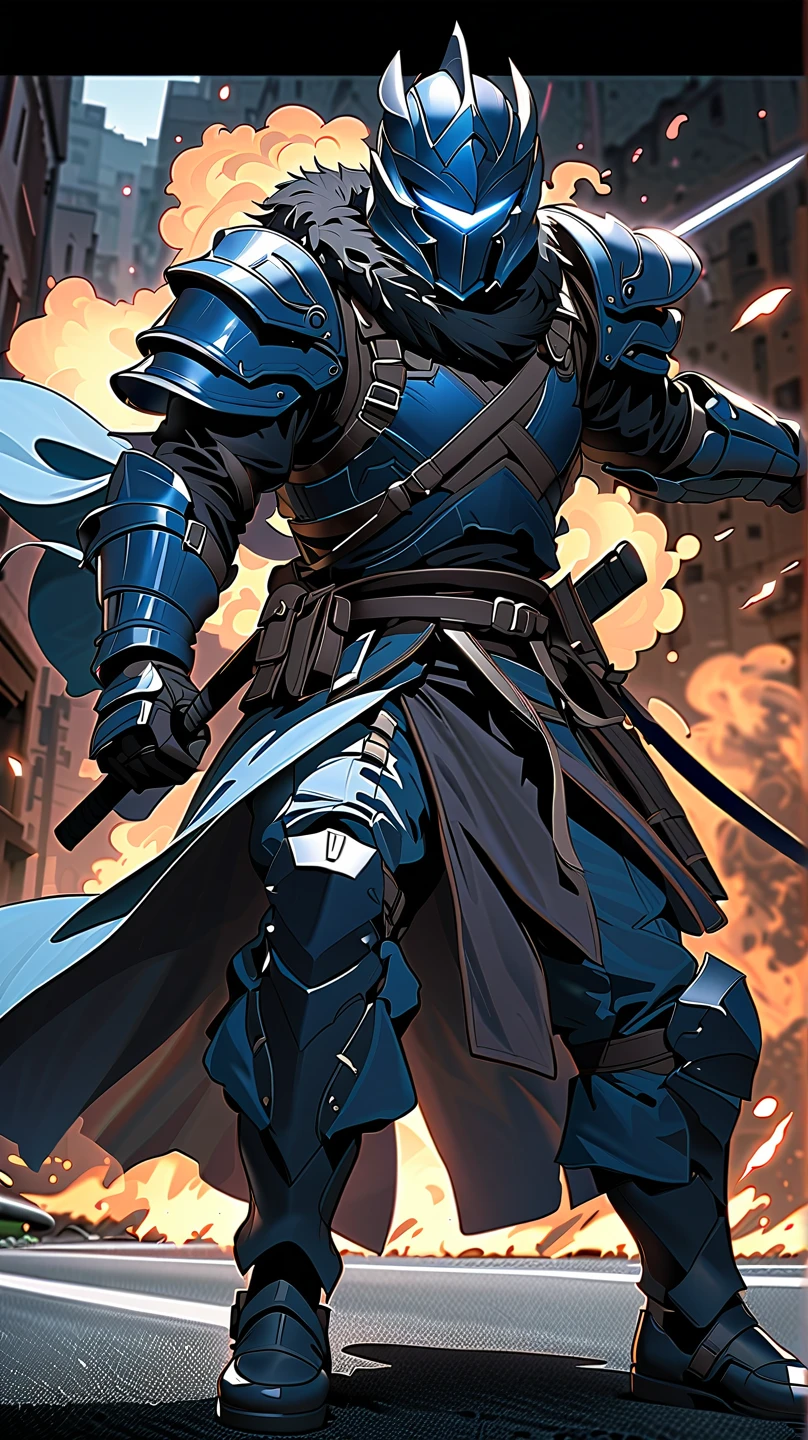 man,  Fairy Slayer ,Dark Knight , wears heavy armor(blue black),helmet,karate,fear,Fur collar , black fur cape (Floating ),,On the road,Strong wind, Full Body View , man,  Very detailed,  high detail 