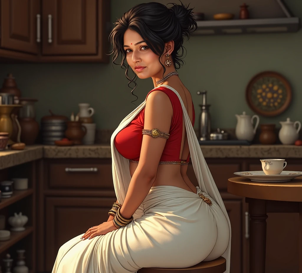 Real looking modern Beautiful Indian women, seductive face, medium chest , tight boobs, thick thighs, in wet transparent saree, fair skin , hair bun, seductive body, slim chain on waist , slim waist, cleavage, less clothes , highly detailed, 4k quality, in poor house , beautiful face and body:: , cleavage, in poor house in kitchen