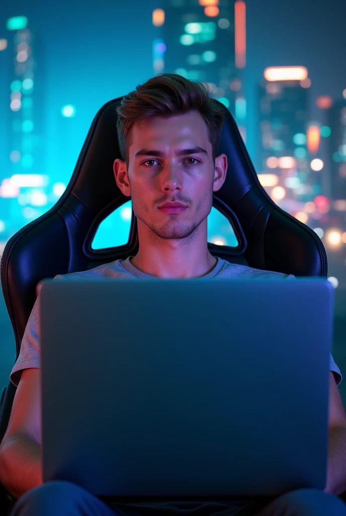 A gamer man with dark blond hair, black eyes and white skin, wearing white boxer briefs and is in a position that clearly shows the volume of his penis