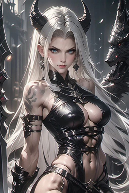 A dark fantasy warrior woman with a powerful presence, standing confidently with a large, intricately designed sword. She has pale skin covered in detailed black tattoos and wears dark armor with leather straps and metal details. Her expression is intense, with sharp eyes and slightly raised eyebrows. Her hair is silver-white and slicked back, with dark, curved horns protruding from her head. The background is mysterious, with dark, twisted structures and misty, otherworldly elements. The atmosphere is moody, with cool, desaturated tones and faint embers floating in the air.