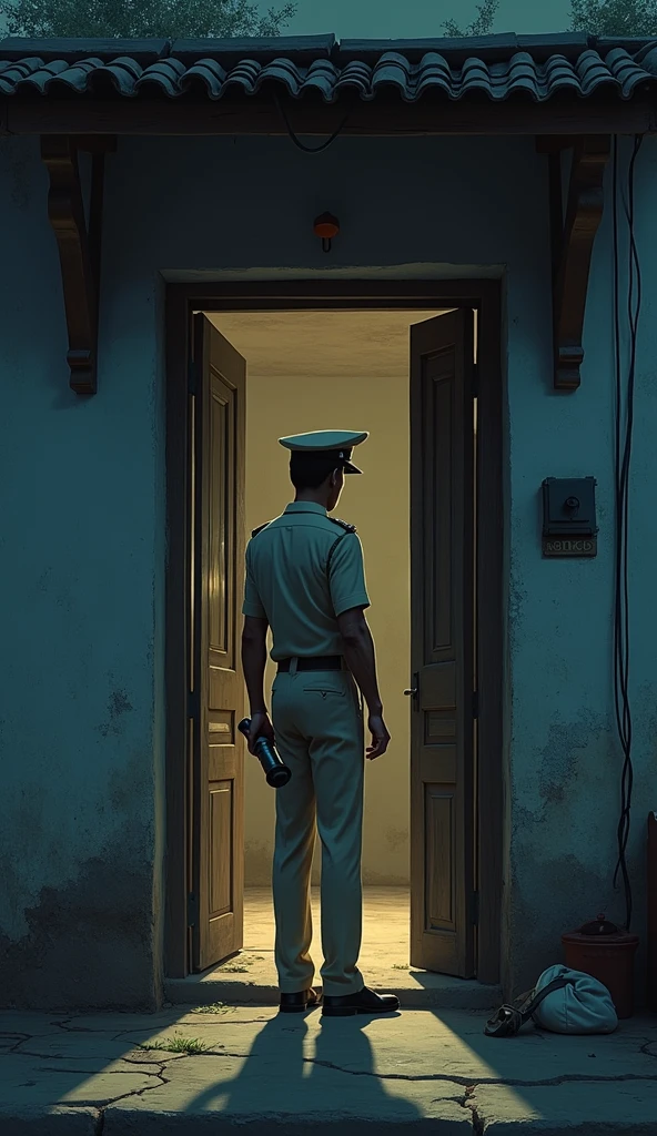 One man in a brown military uniform slowly opens the door, the focus is on the man's back, the man's face is not visible, cinematic, cinematographic, with a beard and glasses