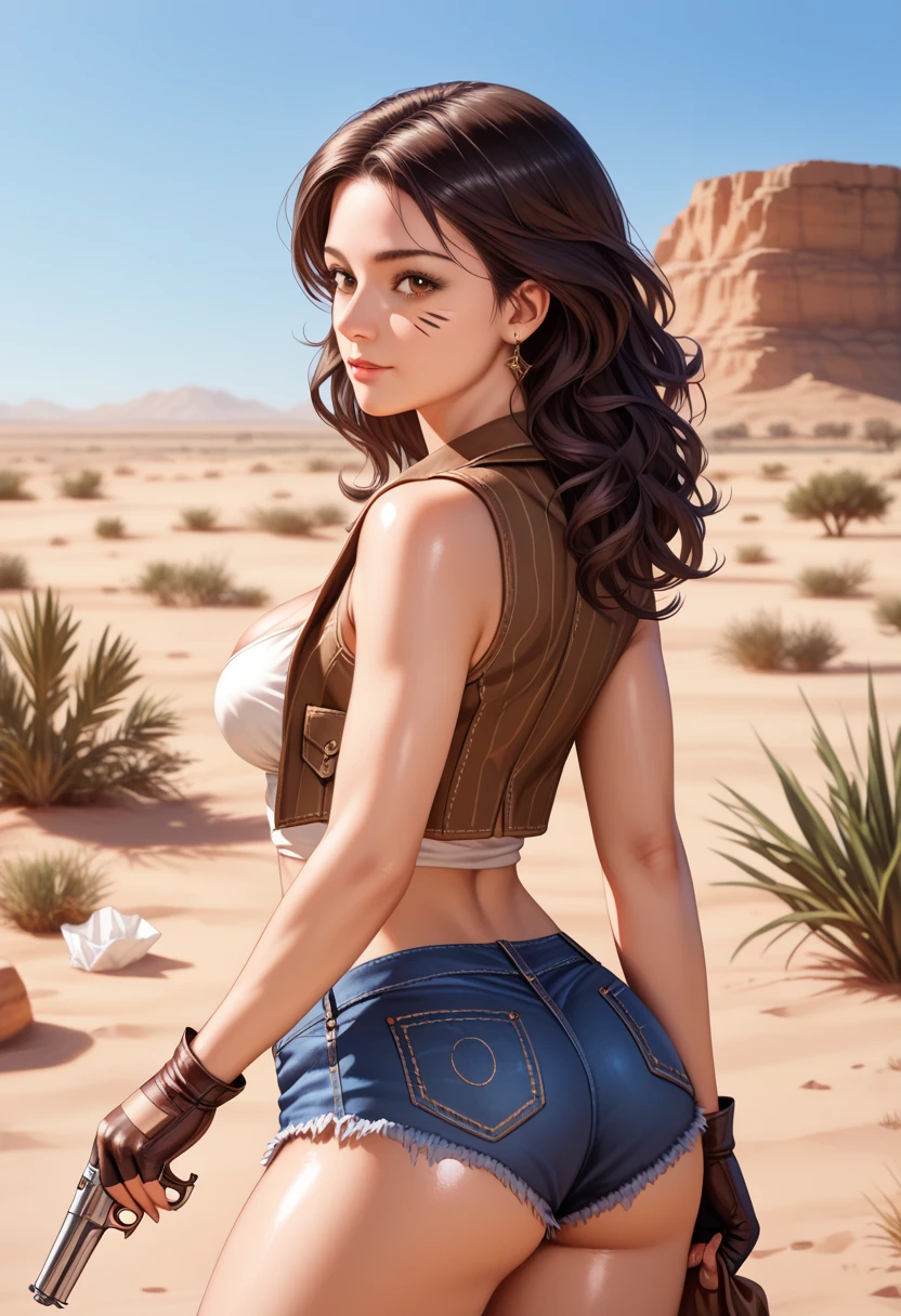 ( Back View,  Back View),(masterpiece,  best quality :1.4), absurdres,  highres icon, Ultra Detailed, beautiful, 1 , (cowboy, Cowboy western , cowboy tem:1.4), (perfect face,   detailed face, beautiful:1.3), ( brown eyes, shiny long wavy black hair), (natural breasts,  cleavage), clavicle, brown vest , dress shirt, fingerless gloves, gloves, tem, navel, tissue, red tissue, revolver,  short blue shorts , shorts, thick thighs, thighs,  multiple stripes , (desert:1.4),8K more detailed.unreal engine:1.4,Ultra HD,La  best quality :1.4,   photorealistic :1.4, skin texture:1.4,  masterpiece :1.8, masterpiece ,  best quality ,object Object], (  detailed face features:1.3),(detailed hands ).