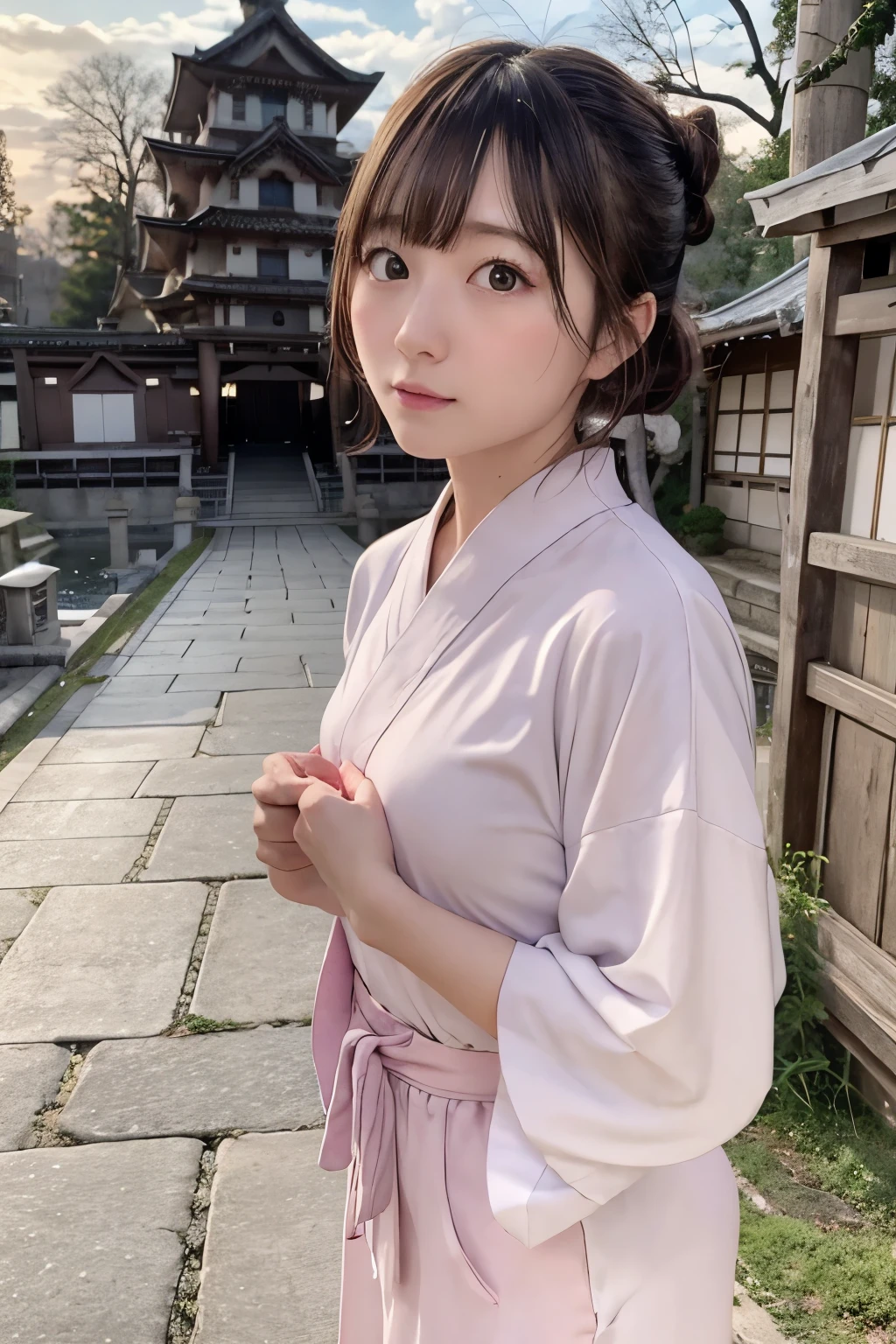 my castle town, 
8k, raw photo, best quality, high resolution, realistic, photorealistic, extremely detailed 8k wallpaper, beautifully detailed eyes, finely detailed exquisite face, 
 break 
cinematic lighting, 
 break 
((japanese castle background :1.4)), (light purple dusk, sunset glow), 
white gravel roads:1.1, japanese castle town:1.1, partitioned tenement houses, 
late autumn, 
 break 
perfectly anatomically correct:1.1, 
 break 
1 female is passing through wooden lattice doors:1.1, 
kawaii:1.0, short hair bun, 
looking up to the sky, 
[
wearing neat skirtsuit:1.0, 
[symmetrical clear eyes, chocolate color eyes with captivating reflections], 
[symmetrical face line, stereoscopic projection of baby face], 
[chiseled face, round face, rounded jaw, [double eyelids, moderate eye bags, wide-set eyes, tareme], 
[[embarrassed, blush]], 
seventeen, 
[melancholy with opening mouth], wet hair], 
high tensioned creases form in clothing due to lifted beautiful ideal ellipse protruding shape medium soft buttocks upturned, 
 break 
sfw:1.0, 
 break 
framing photo:1.2, from below:1.1, bokeh:1.0