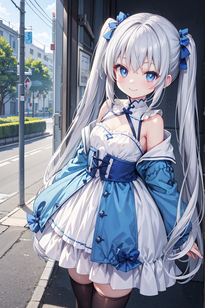 Silver hair, blue eyes、  girl、 small breasts、 Twin Tails、smile、gal  girl、She&#39;s wearing cute earrings、uniform、 knitted cardigan、With highlights on the eyes、School、Blue Sky