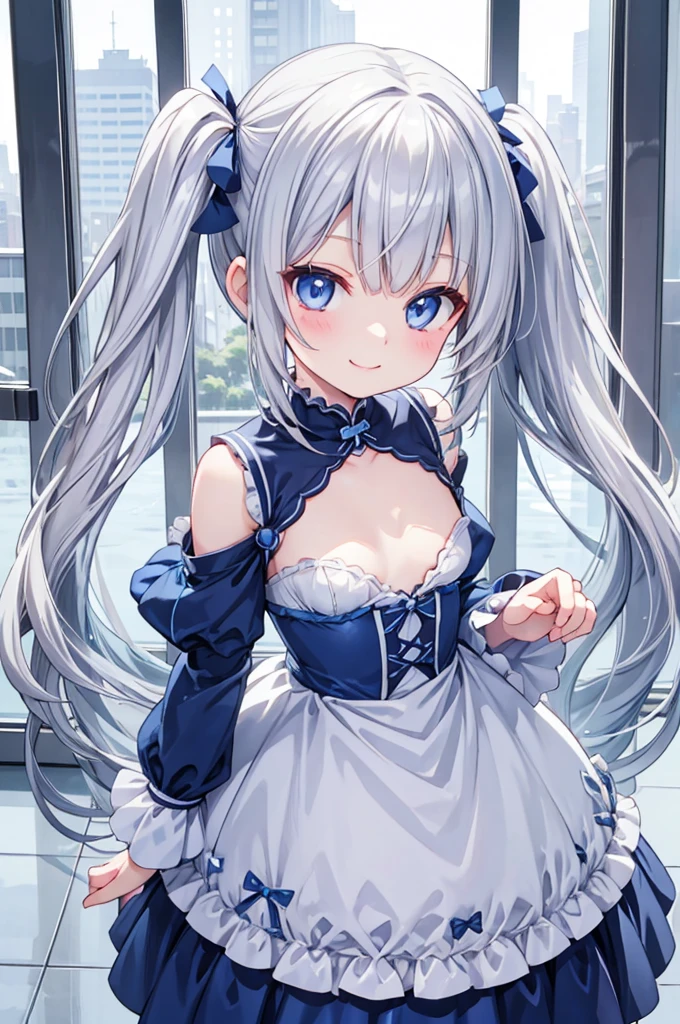 Silver hair, blue eyes、  girl、 small breasts、 Twin Tails、smile、gal  girl、She&#39;s wearing cute earrings、uniform、 knitted cardigan、With highlights on the eyes、School、Blue Sky