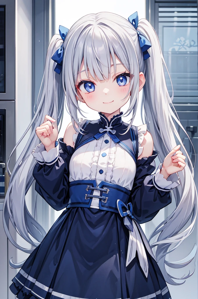 Silver hair, blue eyes、  girl、 small breasts、 Twin Tails、smile、gal  girl、She&#39;s wearing cute earrings、uniform、 knitted cardigan、With highlights on the eyes、School、Blue Sky