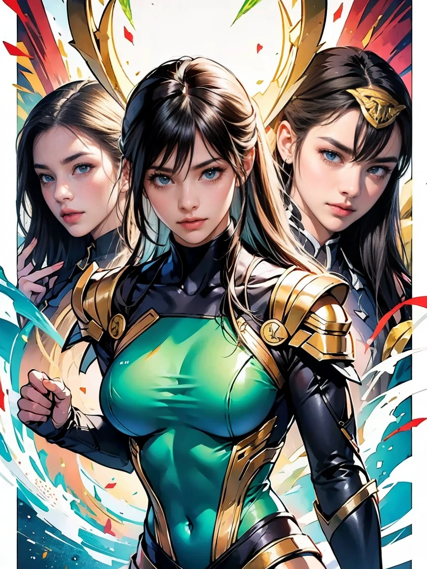 ((Full body photo, standing, feet on the floor)) 2girls, highest quality、Realistic、female、Japanese、zoom、cute、Brown eyes、Black Hair、long hair、Blue hero suit、Gold accents on suits、Shiny bodysuit、Ocean