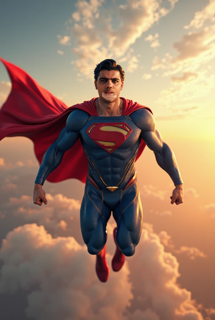 GuttonerdVision5, a 45-year-old man, wearing glasses, detailed skin, detailed face, pores, whole body in the scene, wearing Superman's uniform in the center of the image posing for the photographer. The outfit is detailed with its logo on its chest and red cape fluttering its back. The outfit is from the movie "Man of steel". The man is standing in mid-air with his cloak fluttering, having the city below him blurry. The lighting is cinematic, and the scene very detailed in UHD. Photorealism is the trend of this award-winning photography.