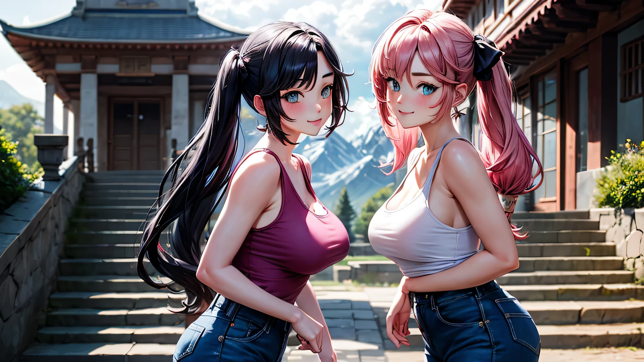 mona, upper body, smile, blush, outdoors, day, simple background, blue sky, long hair, sky, temple, looking at viewer, stairs, mountain, moody lighting, long jeans, large breast, tank top, twins , 2girls, pink hair