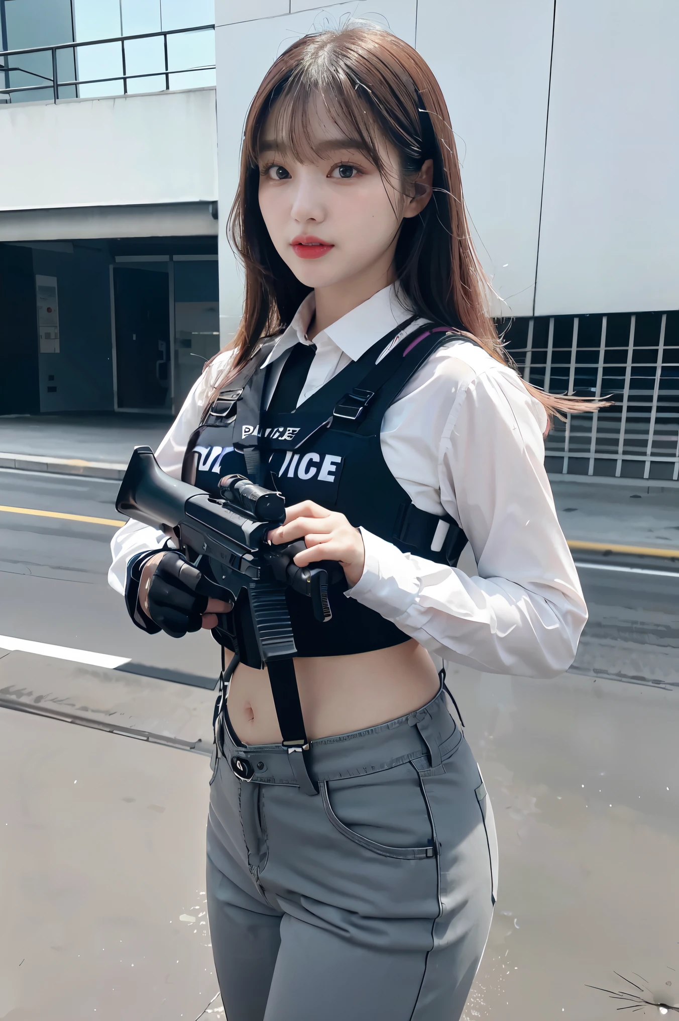 (Highest image quality, outstanding details, ultra-high resolution), (realism: 1.4), favor details, highly condensed 1 beautiful Korean girl, with a delicate and beautiful face, ((cowboy shot)), (a bit chubby:0.4), (wearing black racing suit likes police uniform, black and pink mecha pants, wearing military harness, holding a machinegun), background simple grey concrete,