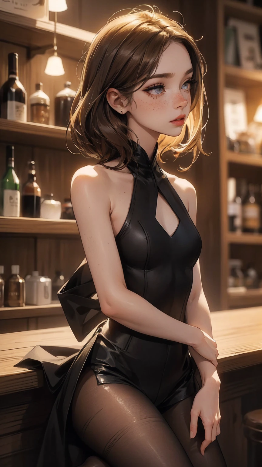 （lifelike， high - resolution：1.3）， 1 girl with a perfect body，slender body, Suprenme face and eyes， blaire ivory, lena anderson, (dark eyelashes, eyeliner), shoulder length  hair, freckles, golden brown  hair with dark roots, shoulder length hair, skinny, petite, saloon girl, saloon bartender, long torso, abdomen, torn pantyhose under short shorts, (((1boy, upright straddle, straddling, girl on top))
)