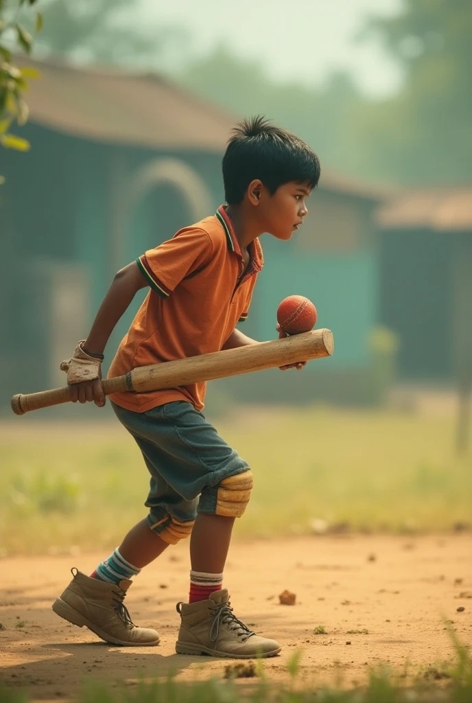 A young rural Indian boy, around 10 years old, is playing cricket in a dusty village field. The boy is barefoot, wearing a simple, worn-out t-shirt and shorts. The field is uneven, with patches of dry grass and dirt, surrounded by lush green trees and a few thatched-roof houses in the background. The cricket bat is old and weathered, and the ball is a makeshift one, possibly made from cloth or rubber. The boy is mid-swing, focused and determined, as a small group of other children cheer him on, their faces full of excitement. The sun is setting, casting a warm golden light over the scene, creating long shadows on the ground.