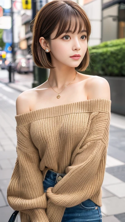 Ultra High Definition, Superior Quality, Premier Quality, ultra detailed, Photorealistic, 8k, RAW Photos, highest quality, masterpiece, Attractive girl, Stunning girl, Brown Hair, Shoulder Length Layered, asymmetrical bangs, Japanese Idol, Sophisticated, Stylish, embarrassed, blouse, Shibuya,