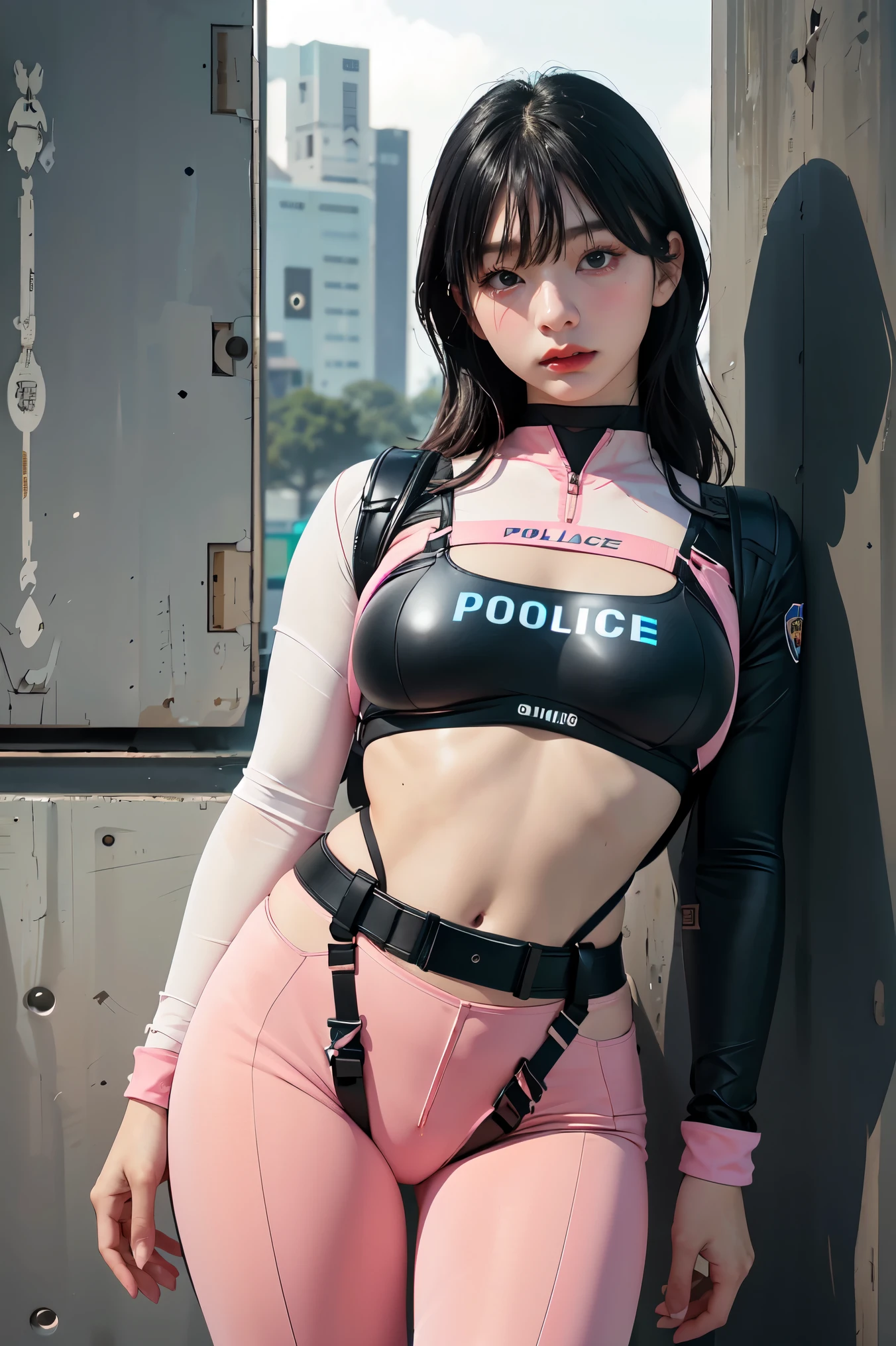 (Highest image quality, outstanding details, ultra-high resolution), (realism: 1.4), favor details, highly condensed 1 beautiful Korean girl, with a delicate and beautiful face, ((cowboy shot)), (a bit chubby:0.4), (wearing black racing suit likes police uniform, black and pink mecha pants, wearing military harness, holding a machinegun), background simple grey concrete,