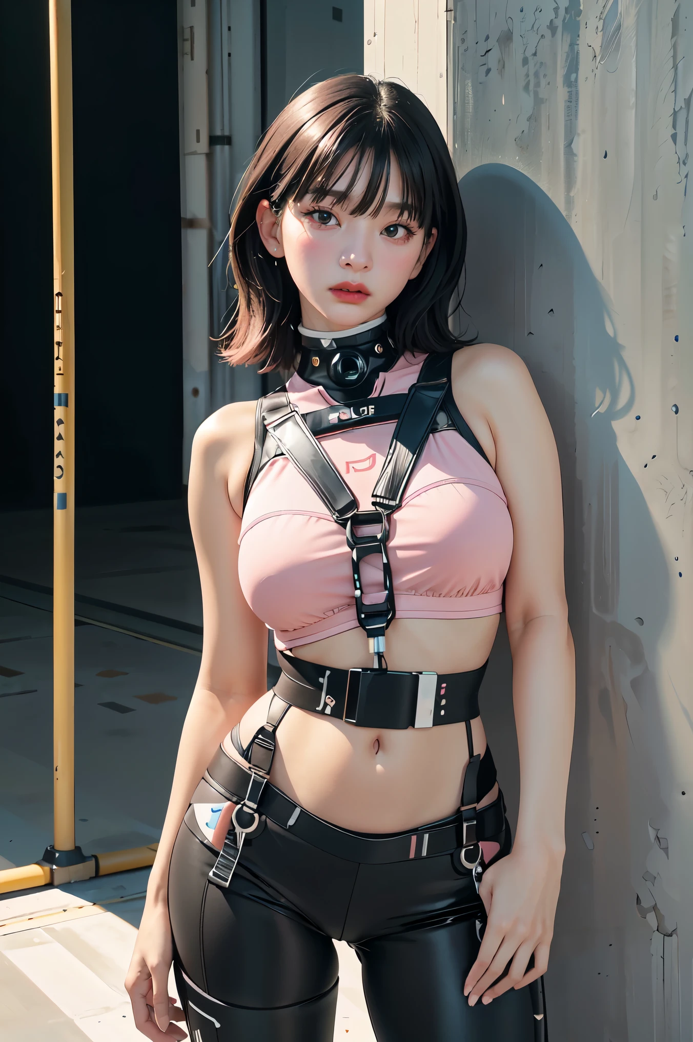 (Highest image quality, outstanding details, ultra-high resolution), (realism: 1.4), favor details, highly condensed 1 beautiful Korean girl, with a delicate and beautiful face, ((cowboy shot)), (a bit chubby:0.4), (wearing black racing suit likes police uniform, black and pink mecha pants, wearing military harness, holding a machinegun), background simple grey concrete,