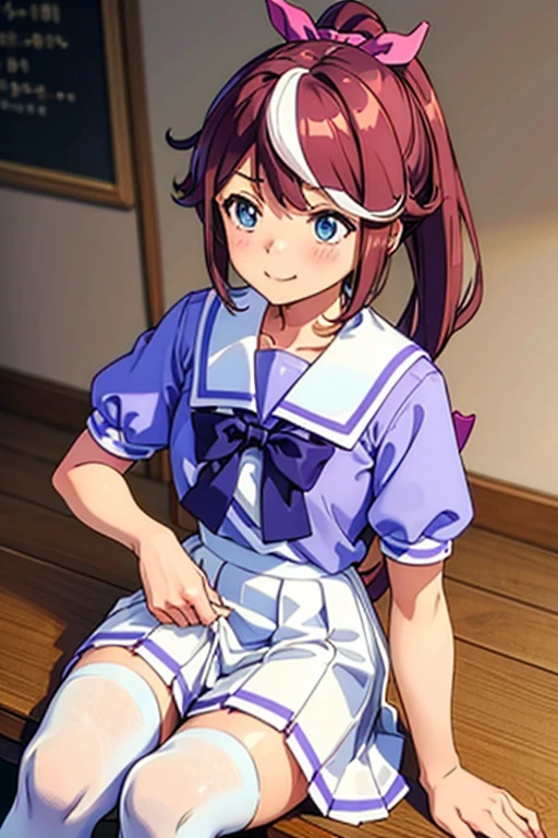 Tokai Teio,smile,high ponytail,fake animal tails,girl,best quality,tracen school uniform, sailor collar, bowtie, purple shirt, sailor shirt, short sleeves, white skirt, white thighhighs,white kneehighs,Narrowed sleeves, long chair,sitting,blue line on the edge of the white skirt,