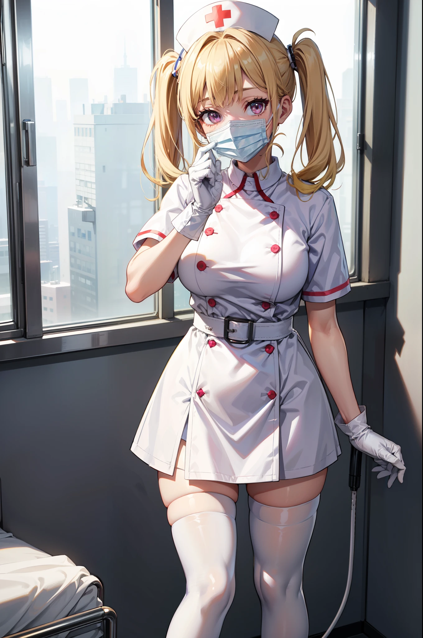 1girl, solo, nurse, nurse cap, white nurse uniform, ((white legwear, zettai ryouiki)), white gloves, twintails, yellow hair, purple eyes, ((white surgical mask, covered nose)), standing, ((hospital room)), sharp outline, short sleeves, best quality, masterpiece