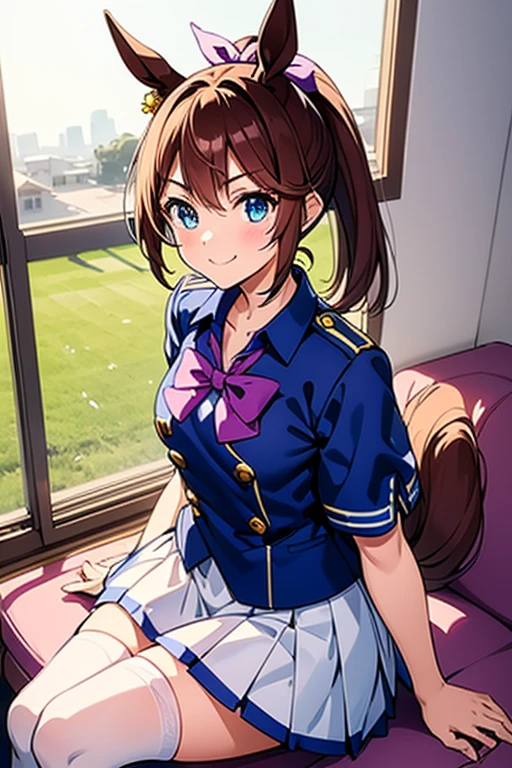 One girl, Alone, smile, Tokai Teio , High Ponytail, fake animal tails,best quality, tracen school uniform, sailor collar, bowtie, purple shirt, sailor shirt, short sleeves, white skirt, white thighhighs,white kneehighs,Narrowed sleeves, long chair,sitting,blue line on the edge of the white skirt,