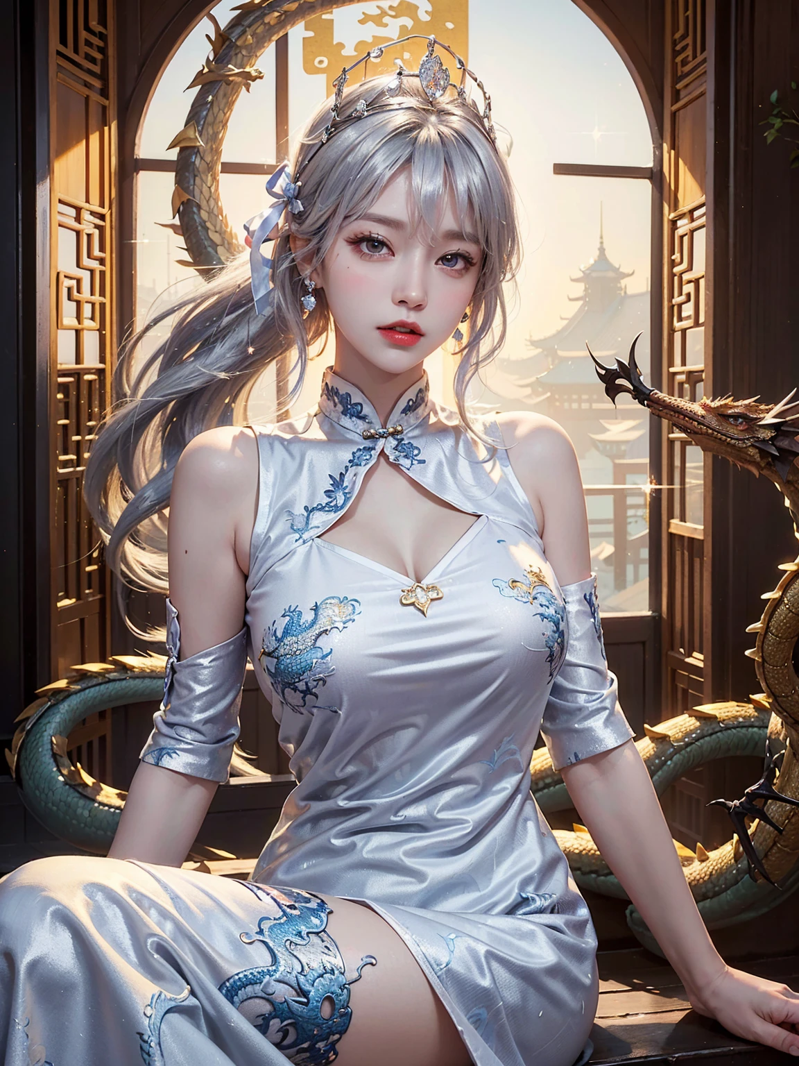 (((of the highest quality: 1.4))),(unparalleled masterpiece ever), (Ultra high definition),(Ultra realistic 8K CG), (((adult body))), (((1girl in))), ((( Short ponytail hair ))),  perfect bodies,,Beautiful and well-groomed face, (muscular body:1.4), (Saint Seiya God pegasus cloth, headgear, white hair ornament), Detailed breastplate, gauntlets、is standing, (Image from head to thigh),(( White Blonde Shorthair )),, Simon Bisley's urban savage style,Detailed ancient Roman background,Clean abs, Complex equipment, gold with blue stars and gold and blue stripes, pegasus cloth armor, Poison tattoo,  (Thin pink lips: 0.8), (((turn back))), (((sitting chair))), 
