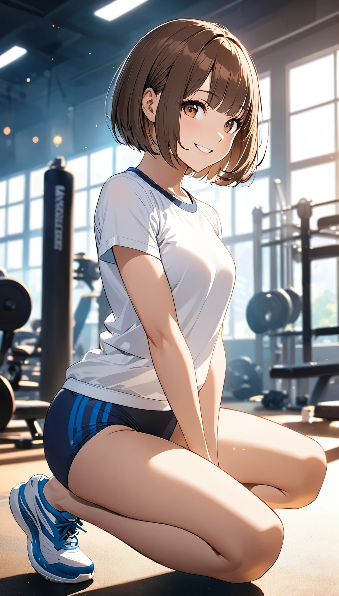  1 girl , (Brown Hair,  bob cut),  is crouching:1.2,  full body view, smile, (School-Designated Sports, buruma:1.2, white round neck shirt , workout underwear), Training gym environment, anime:1.2,  intricate detail ,  cinematic lighting ,  bright colors, Soft bokeh background ,  Digital Art ,  concept art style , masterpiece:1.4.