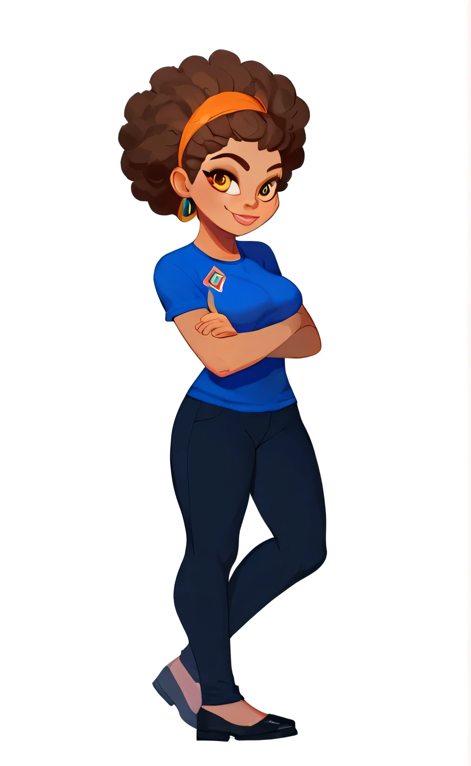 score_9, score_8_above, score_7_above, aurora (league of legends), 1 , Amber eyes, dark brown curly hair afro style, Sensual, whole body, orange earrings, long eyelashesSensual, big bust, beautiful face, pose, blue t-shirt, smiling, crossed  arms.