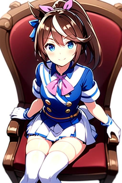 Tokai Teio,smile,high ponytail,fake animal tails,girl,best quality,tracen school uniform, sailor collar, bowtie, purple shirt, sailor shirt, short sleeves, white skirt, white thighhighs,white kneehighs,Narrowed sleeves, long chair,sitting,blue line on the edge of the white skirt,