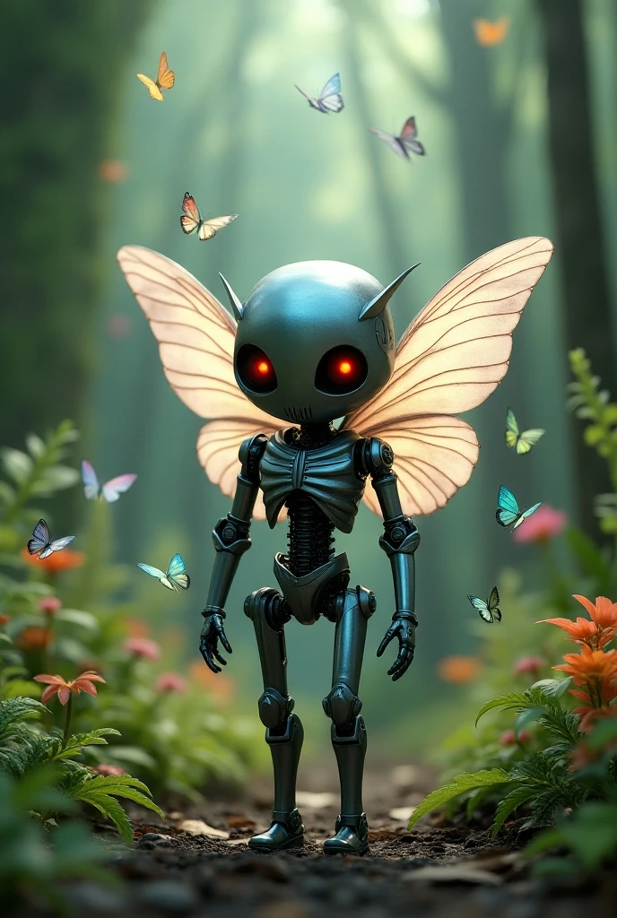 artalien, thighhighs, robot, fairy wings, hooded bodysuit, red sky, fairy, standing, 1boy, bodysuit, bare shoulders, computer, feet out of frame, greyscale, parted lips, orange eyes, dark-skinned female