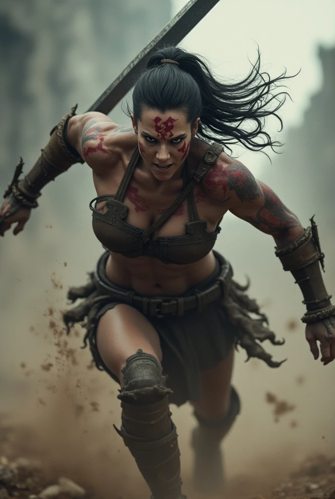 (gladiator:1.1),(Determined,Strong:1.1),(Soaked with sweat),(brutal,violence:1.1),(Splashing blood),(battle scars),(life-and-death),(victory).(Arena),(dust cloud), nsfw, naked,adult,female,highres 