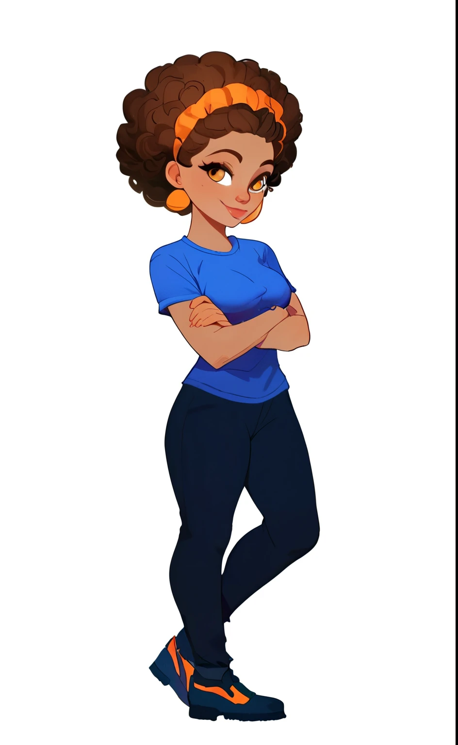 score_9, score_8_above, score_7_above, aurora (league of legends), 1 , Amber eyes, dark brown curly hair afro style, Sensual, whole body, orange earrings, long eyelashesSensual, big bust, beautiful face, pose, blue t-shirt, smiling, crossed  arms.