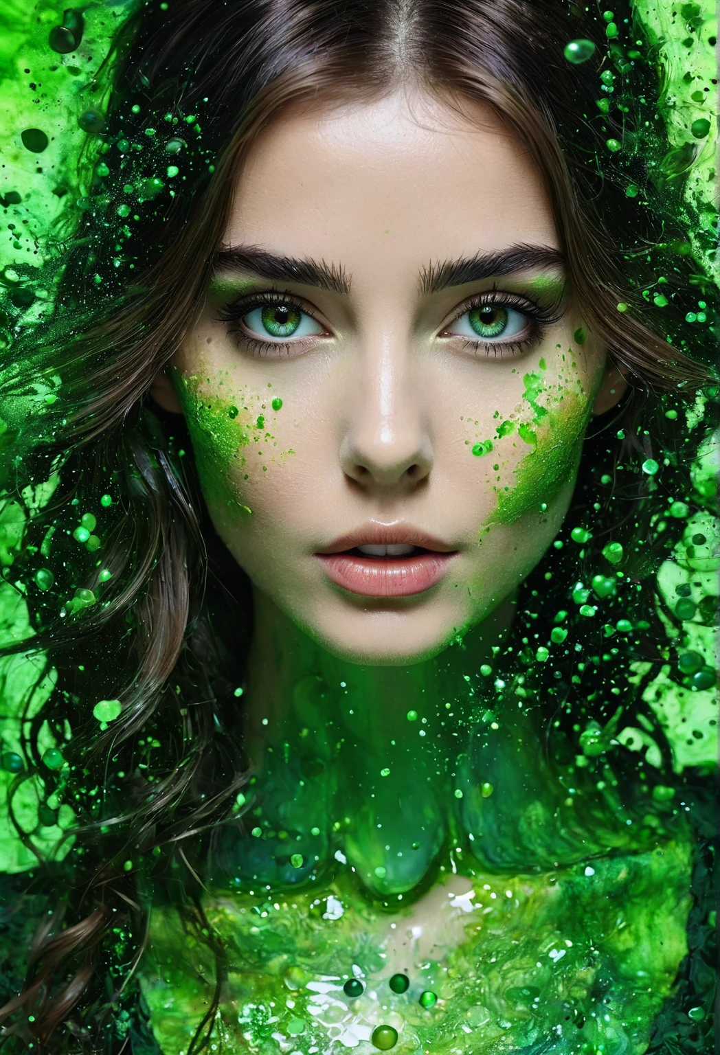 ((Best quality, 8k, Masterpiece: 1.3)), Sharp focus: 1.2, A beautiful woman with perfect body: 1.4, Slim abdomen: 1.2, ((Layered haircut, Large breasts: 1.2)), (no bra) (Small), slime above her head, ((Green slime falling down)) high quality, sad face, best quality, masterpiece, 1girl, long hair, humiliated expression, stage, Tv game show, attractive brunette, slimed woman, ((green slime falling onto her hair and face)), woman standing in a glass tank, laughing crowd, shallow depth of field, large audience, Slimed, woman, shocked, photorealistic, full length, bright studio, crowd behind.