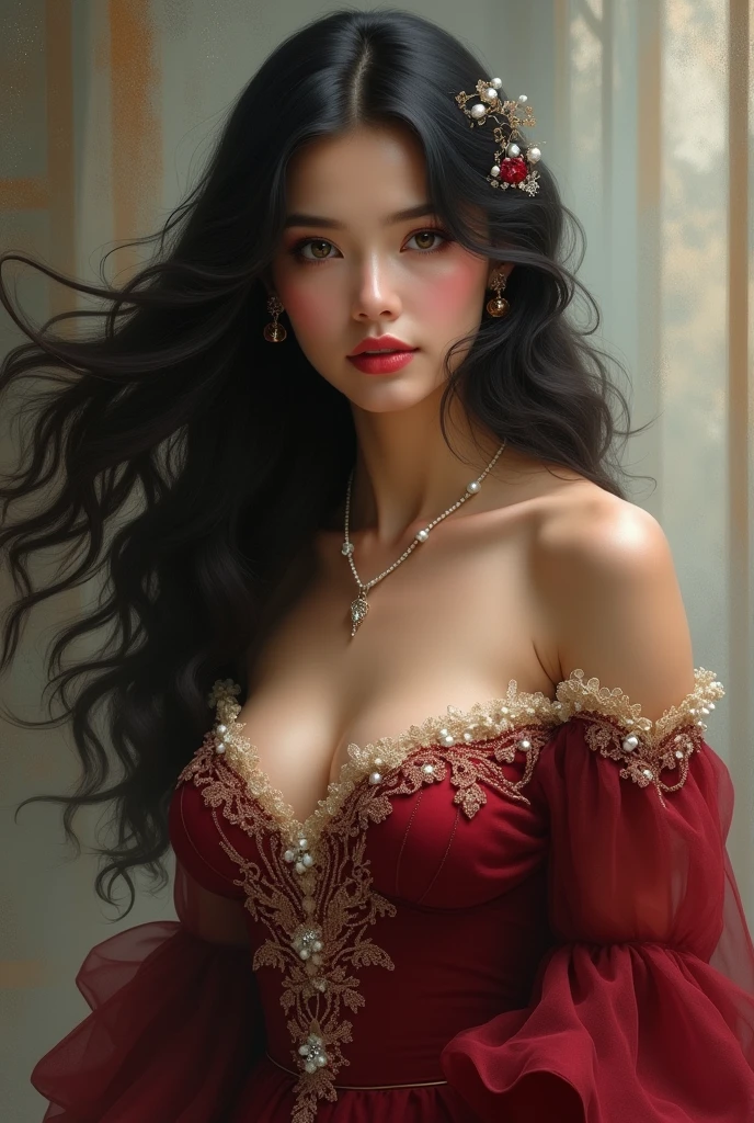 Majestic queen woman sitting pink big breast big ass black hair tender smiling pink dress 