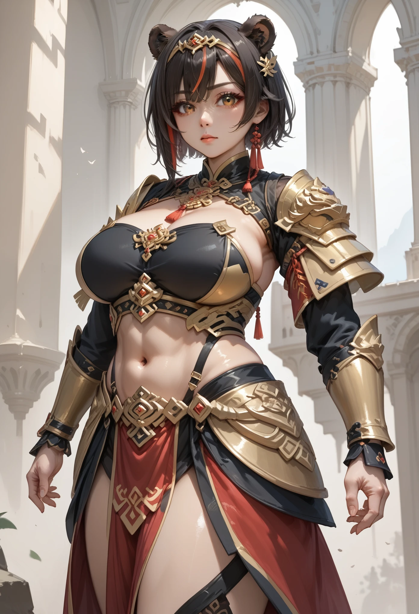 SOLO, Open pose, In a castle, A female,huge oppai, Short hair,Bear ears, brown pupils,Fur collar, Golden Chinese metal armor,brown short hair,streaked hair, colored inner hair, UHD, anatomically correct, super detail, masterpiece, textured skin, high quality, highres