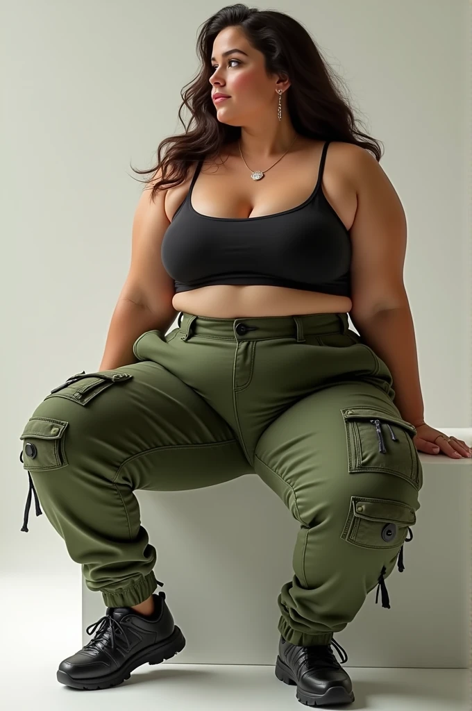 Rebecca Chambers, green t-shirt, high waisted jeans pants, short hair, brown hair, curvilinear waist, curvilinear body, thick thighs, full thighs, juicy female, juicy babe, juicy body, large breasts, cleavage, curvilinear ass, large ass, voluptuous female, milf, mature female, seductive body, master piece, perfect face, full body shot, solo, female focus, huge breasts, cargo pants, military clothing