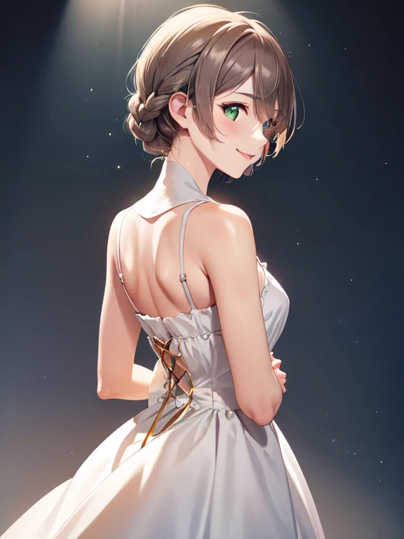 masterpiece,Best Quality, high resolution on down,Super detailed,bbdarjeeling, short hair, braiding,bangs,smile、 closed mouth、Absolute reference to the center、Cute for everyone to see、 turns her arms around her back,clavicle,White Dress、Absolute reference to the center、whole body, Alone, Movie Lighting、 、  highly detailed face ,  full light, High-definition CG,, (Perfect hands, perfect anatomy ),,  Five Fingers,